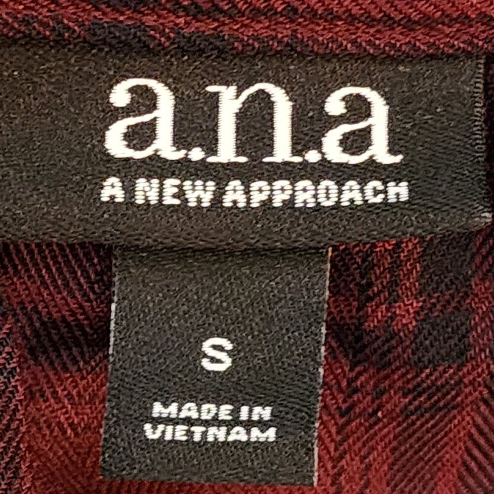 A.N.A. A New Approach Wine Black Plaid Long Tab Sleeve Button Up Faux Wrap Top S - Picture 15 of 16